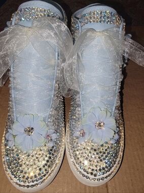 Blue and Gold Irredescent High-Top Sneakers with Rhinestone Embellishments